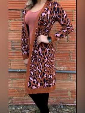 Umgee Long Open-Front Leopard Print Cardigan in Pink & Brown 1XL